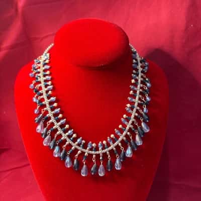 Avon Vintage Women's Beaded Fringe Necklace with & Aurora Borealis Glass Blue Beads