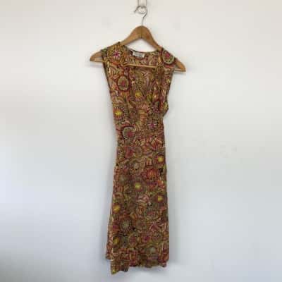 Peace Angel Orange Yellow Pattern Sleeveless Wrap Midi Dress One Size 