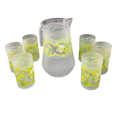 Vintage KIG Indonesia Frosted Glass Pitcher and 6 Matching Glasses 