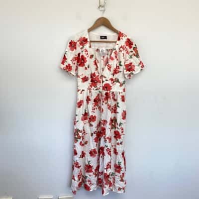 Dotti White Red Floral Short Sleeve Midi Dress Size 12 