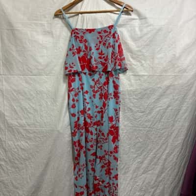 Kookai, Womens, Size 38, light blue shoulder-less jumpsuit with red floral patterns