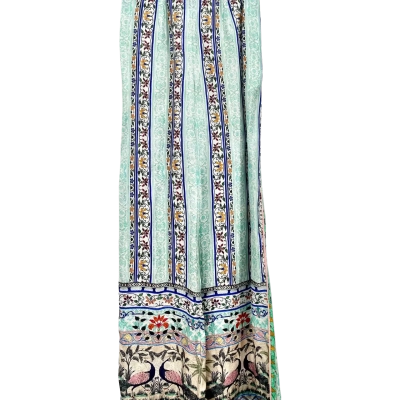 Camillia Boho Aqua Patterned SILK Blend Polazzo Peacock Motiff Wide Leg Pants Size Small 