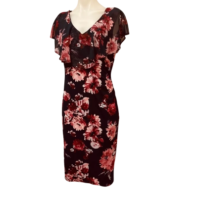 Liz Jordan Frillneck Floral Dress Womens  Size 10 Midi Dress Floral / Navy Blue 
