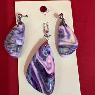  Women's Teardrop Dangle Earrings & Matching Pendant Necklace Purple Pink