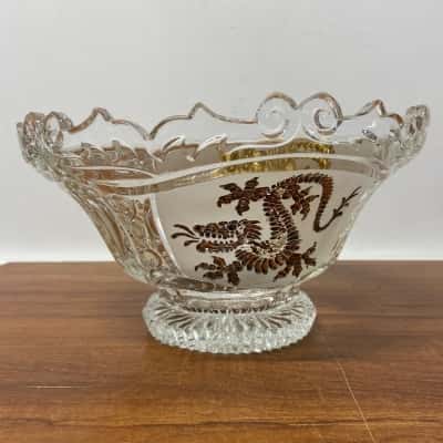 Vintage Hofbauer German lead crystal bowl featuring gold-painted dragon motifs