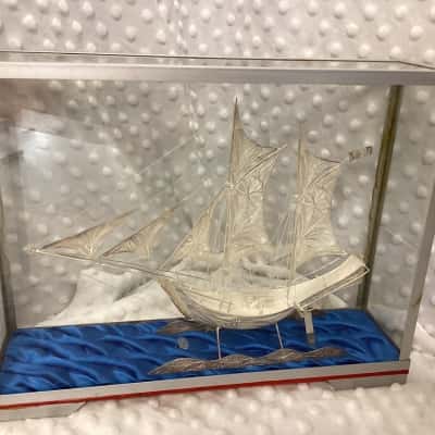 Vintage Model Ship - filigree, silver in Clear Glass Case