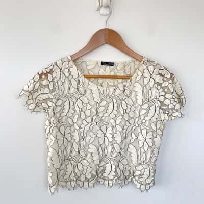 Zara Cream Floral Lace SHort Sleeve Crop Top  Size S 