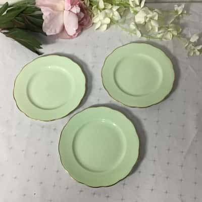 Vintage Roslyn Pale Green / Gold Scalloped Edge 3 x Side Plates 