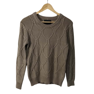 Kenneth Charles Size S Brown Cable Pattern Crew Neck Jumper 