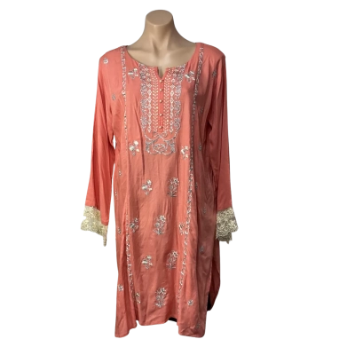 So Kamal Womens Size L Coral Orange Long Sleeve Kurta with Silver / White Embroidery