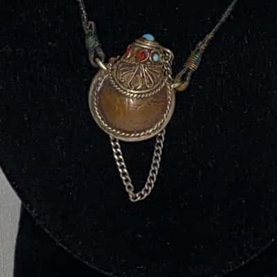 VINTAGE TIBETAN MINI SNUFF BOTTLE PENDANT - possibly made of copper with filigree work - turquoise and coral stone inlay