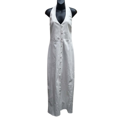 New With Tags HERE COMES THE SUN Size 14 Asym Stretch Denim Maxi Dress Halterneck