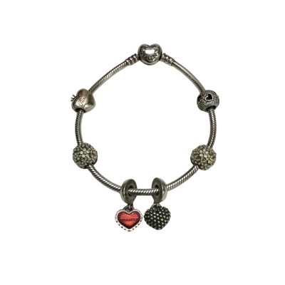 925 Silver Pandora Sparkling Heart Snake Chain Bracelet With Five 925 Silver Charms