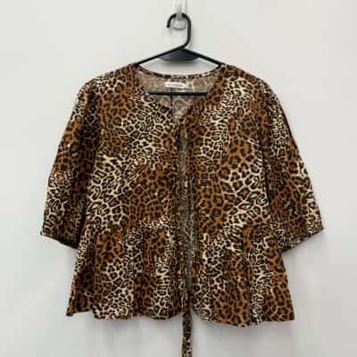 AVEC LES FILLES Leopard Cotton Poplin Tie Front Puff Sleeve Top - Size L 