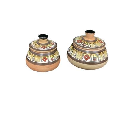 2 x Cusco Peru Hand Painted Pottery Pots with Lid