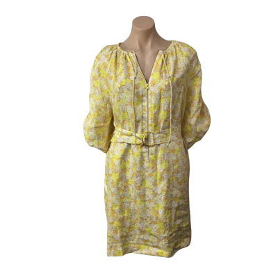 Oroton Womens Size 10 White / Yellow / Orange Floral Linen Short Sleeve Mini Dress (new)