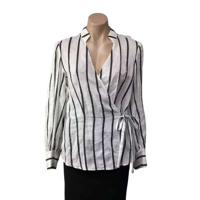 Veronika Maine Womens Size 10 White / Black Striped Crossover Tie Front Long Sleeve Top (new)