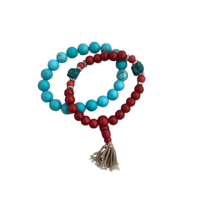  Womens Lot of 2x Beaded Bracelet Red / Turquoise Gemstones