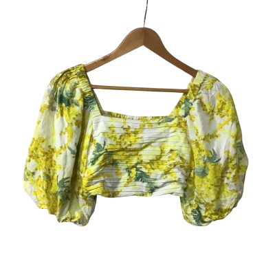 H&M Womens Size XS White / Yellow / Green Floral Short Sleeve Cropped Top 