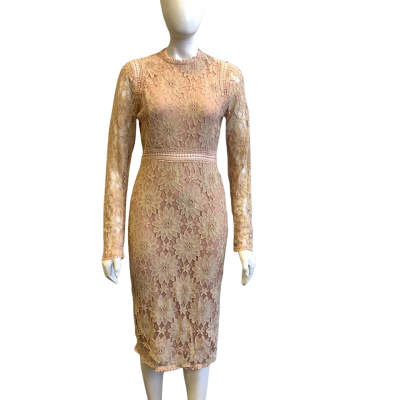 BNWT Pretty Little Thing Women's Size 12 Long Sleeve Midi Lace Dress Blush 