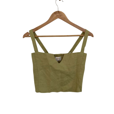 Posse Womens Linen Size M Cropped Top / Shoestring Strap Top / V-Neck Top Green 