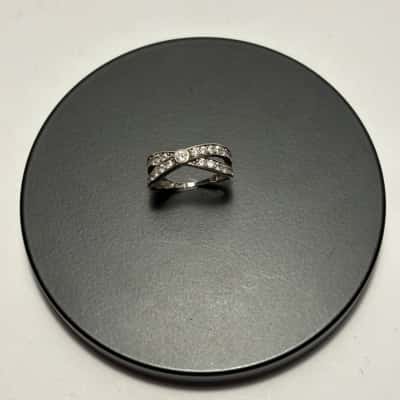 Stunning 925 Sterling Silver Double Cross Diamanté Banded Ring