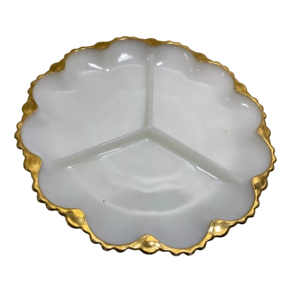 vintage Anchor Hocking Fire-King milk glass three-section divided relish plate featuring a scalloped rim with metallic gold trim
