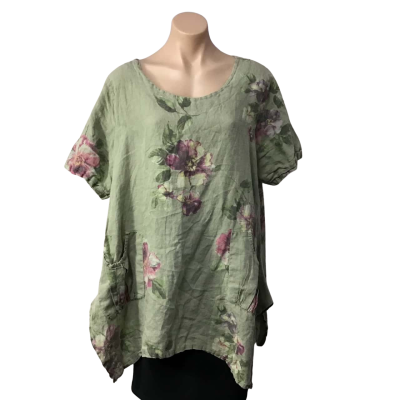 The Lino Lounge Womens approx Size L Green / Pink  / Yellow Floral Linen Short Sleeve Top