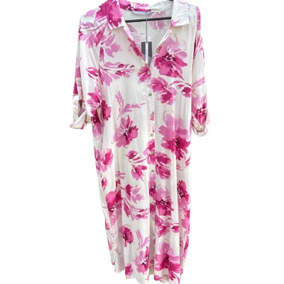 Katies Womens  Size 12 Volume Linen Shirt Dress White/Pink Floral 