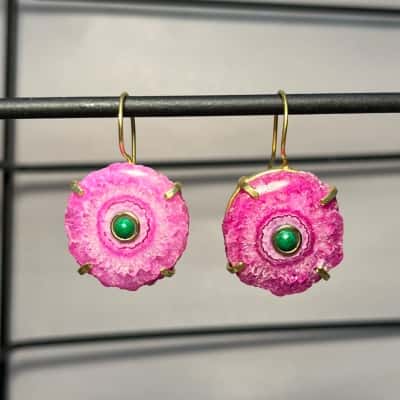 Boho Pink Stone Earring With Green Accents + Gold Tone Hardwear