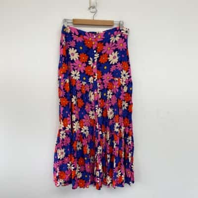 Mister Zimi Blue Red Pink Floral Button Detail Maxi Skirt Size 12 