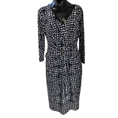 Fenn Wright Manson Womens  Size 14 Midi Dress Navy Blue / Pattern / White 