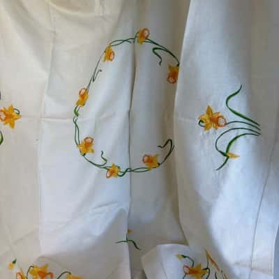 Vintage Pure Heavy Linen Tablecloth with Hand Embroidered Daffodils