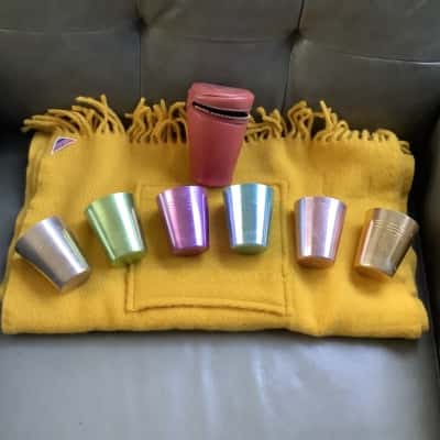 As Donated** Vintage Expolana Textilproduktion. Yellow Shawl & Set of 6 Anodised Vintage Cups.  