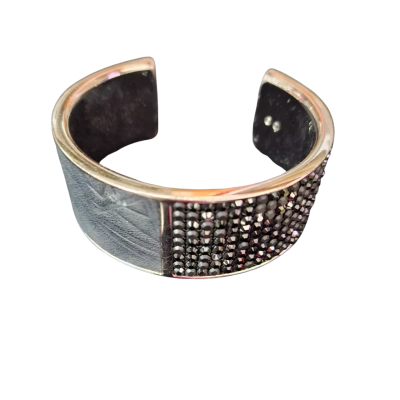 Swarovski Intervalle Black Leather & Crystal Bangle  Silver Tone with markings
