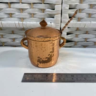mid-century Weeda Tasmania hand-beaten copper  Sugar Bowl Set: A matching lidded jar with its original long twist-handled spoon