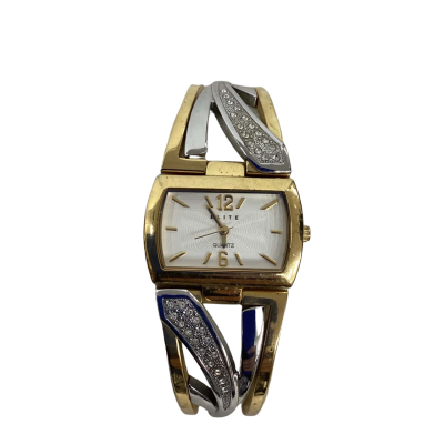  Womens Gold and Silver Tone Elite Band Watch with Rhinestones (Needs New Battery)