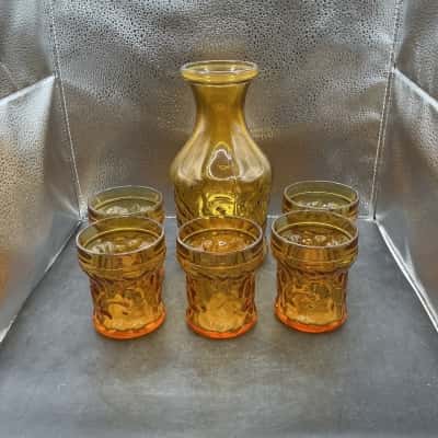 Amber Glass Carafe and 5 Glass Set