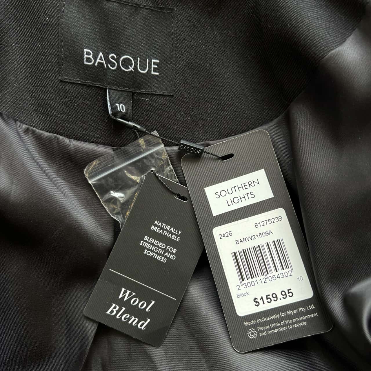BNWT Basque Womens Size 10 Double Breasted Wool Blend Coat Black (s)