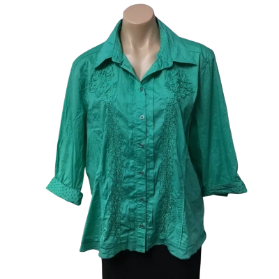 W-Lane Womens Size 16 Emerald Green / Embroidered Motif 3/4 Sleeve Shirt 