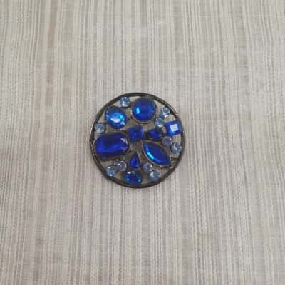 Gorgeous Black Metal with Blue /Assorted Sized Diamante's & Gemstones /Round Brooch 