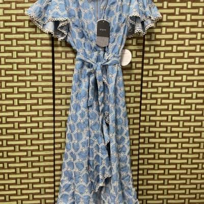 BNWT RRP $189.95 Pilgrim Yalena Light Blue Women's Size 6 Midi Dress Casual Party Short Sleeve Designer Birthday Gift Wedding Frill 