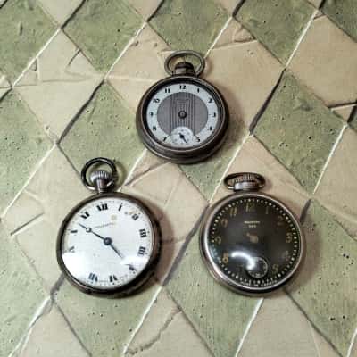 Pocket Watch - as spare parts. Two Westclox DAX (Made in Canada) & Inventic (Swiss Made). Missing Parts NOT working.