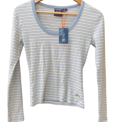 Superdry Athletic Essentials Striped LS Top Blue Fog Stripe Size 10 BNWT 