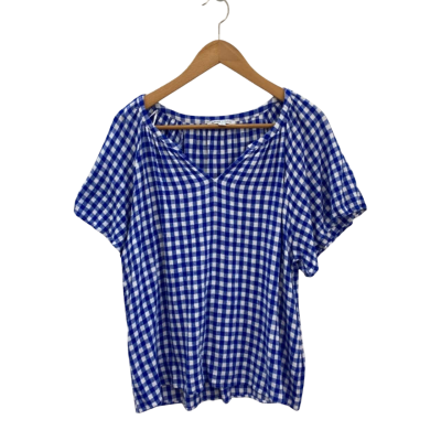  Grae Linen Womens  Size 14 Short Sleeve Top Blue / Checked / White 