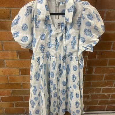  Womens Adome  Size 16 Midi Dress Blue / Pattern / White 