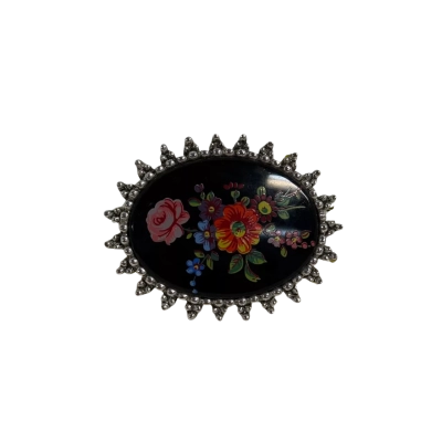 Vintage SARAH Floral and Black Enamel and Silver Brooch / Pin