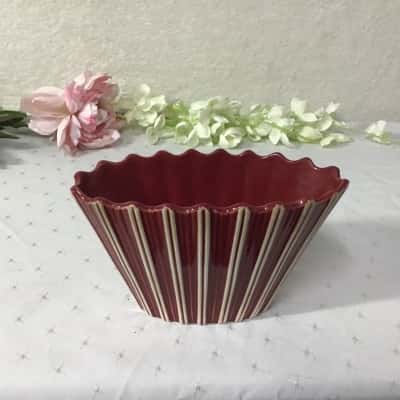 SylvaC Crimson Red / Cream Striped Oval Ceramic Vase / Planter with Scalloped Rim
