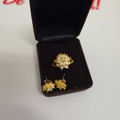 Rhinestone Crystal Cluster Gold Plated Vintage Ring and Stud Earrings