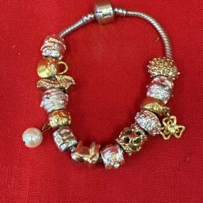  Women's Silver Tone  Charm Bracelet featuring Various Mixed Metal Charms